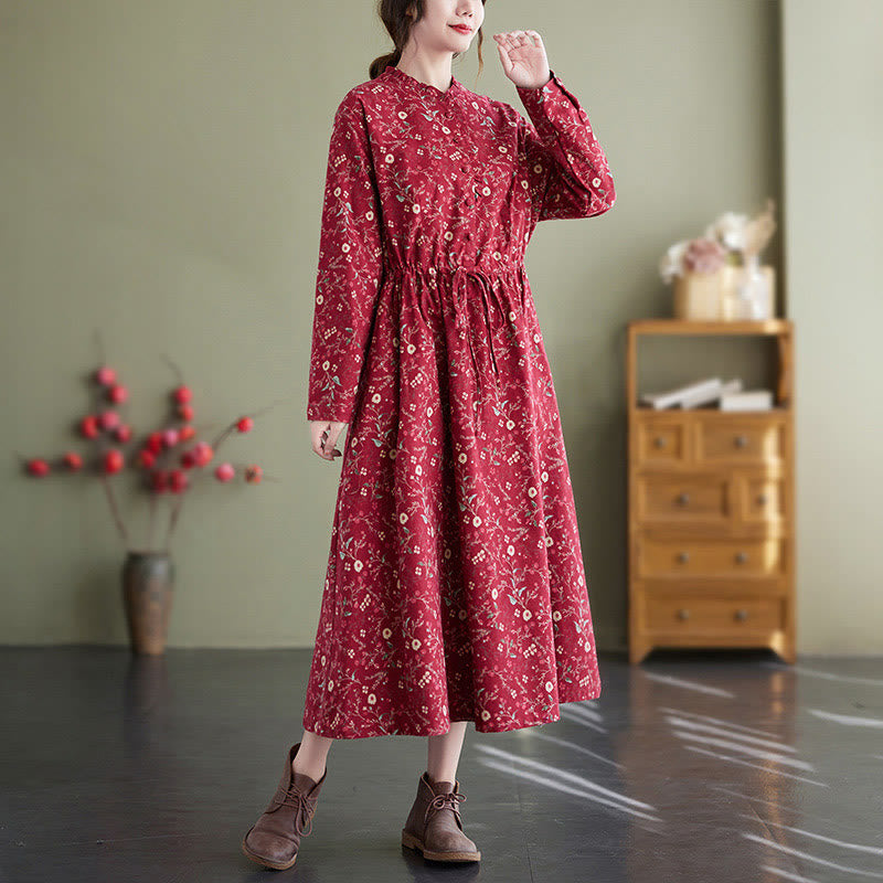 Abito midi in cotone e lino con maniche lunghe, coulisse e stampa etnica con Buddha Stones e tasche - Cremisi - US8-10, UK/AU12-14, EU40-42 (2XL) - image 6