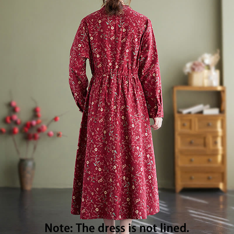 Abito midi in cotone e lino con maniche lunghe, coulisse e stampa etnica con Buddha Stones e tasche - image 7