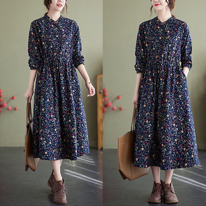 Abito midi in cotone e lino con maniche lunghe, coulisse e stampa etnica con Buddha Stones e tasche - image 4