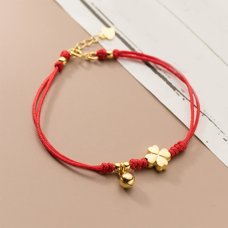 Bracciale con cordino rosso a forma di quadrifoglio placcato oro in argento sterling 925 Buddha Stones - Argento Sterling 925 (circonferenza polso: 15-17 cm) - image 1