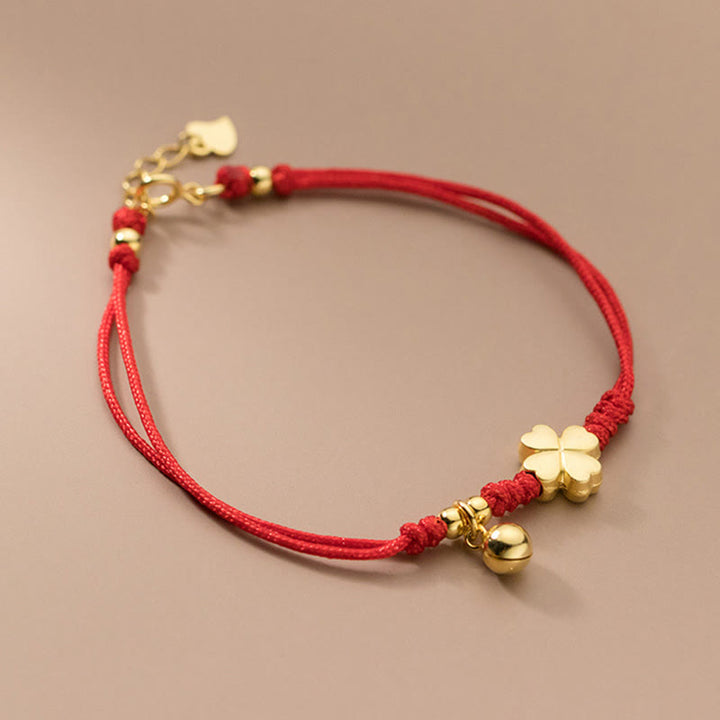 Bracciale con cordino rosso a forma di quadrifoglio placcato oro in argento sterling 925 Buddha Stones - image 1