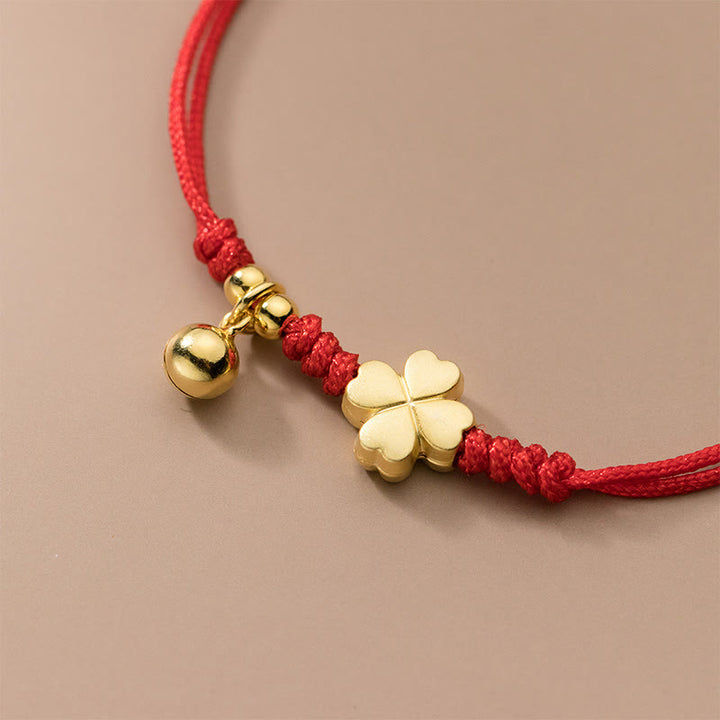 Bracciale con cordino rosso a forma di quadrifoglio placcato oro in argento sterling 925 Buddha Stones - image 4