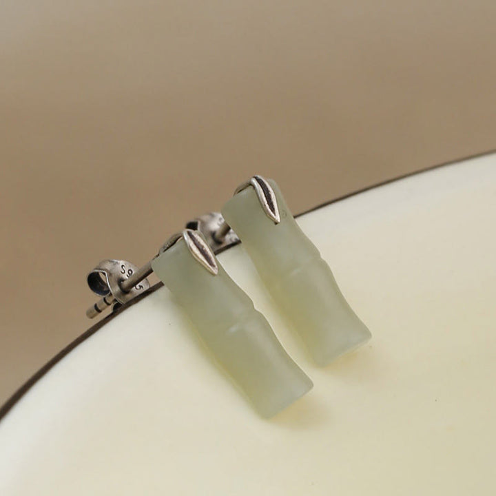 Buddha Stones Bamboo Hetian Jade Foglia Argento Sterling 925 Ricchezza - Giada Hetian opaca (perni in argento Sterling 925) - Foglie di bambù corte - image 10