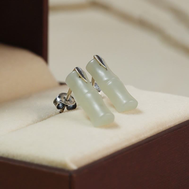Buddha Stones Bamboo Hetian Jade Foglia Argento Sterling 925 Ricchezza - Giada Hetian opaca (perni in argento Sterling 925) - lunghe foglie di bambù - image 9