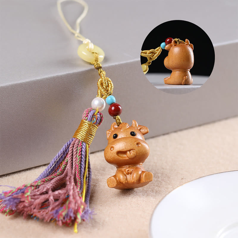 Portachiavi con nappe colorate, Buddha Stones, sandalo, 12 simboli dello zodiaco cinese, benedizione - Bue - image 12