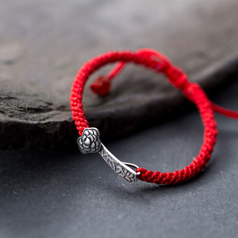 Braccialetto della fortuna intrecciato con filo rosso "Ruyi As One Wishes" in argento sterling 925 con Buddha Stones - Argento sterling 925 (circonferenza del polso: 15-21 cm) - image 0