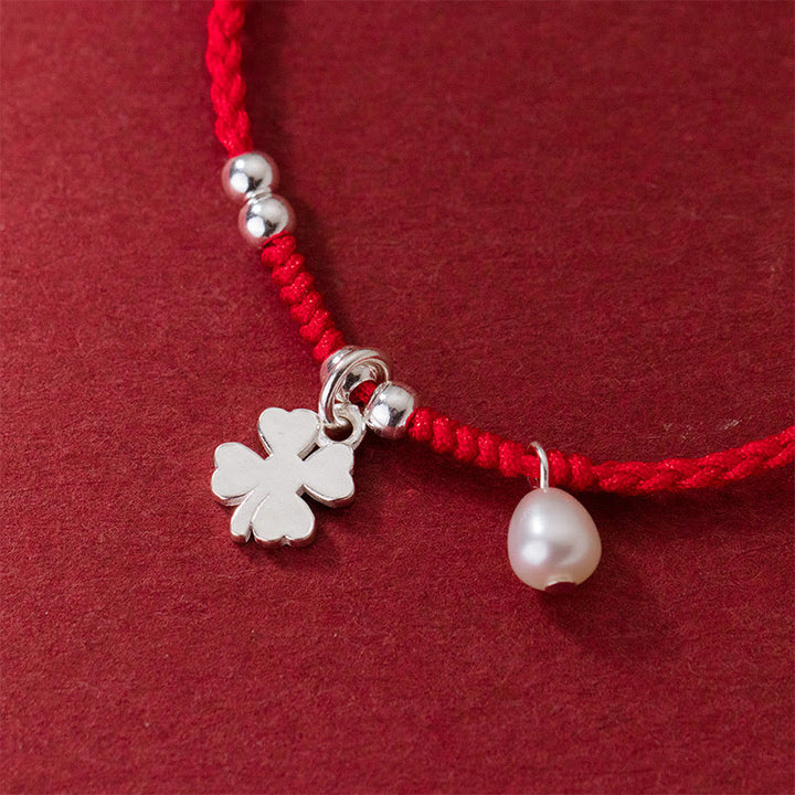 Braccialetto retrò in argento sterling 925 con quadrifoglio e perle portafortuna, cordino rosso Buddha Stones - image 4