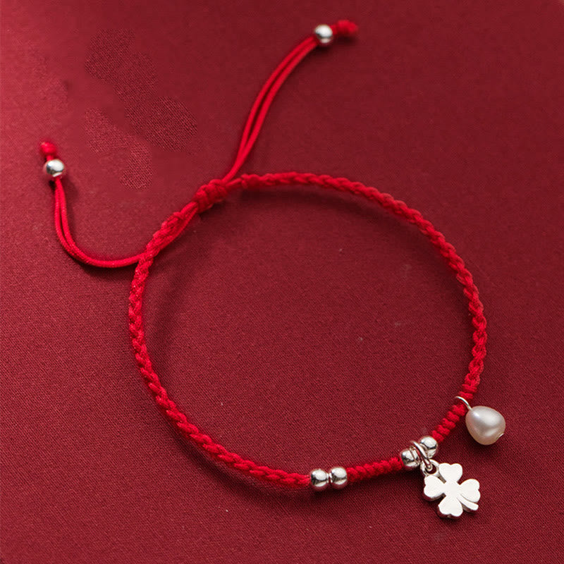 Braccialetto retrò in argento sterling 925 con quadrifoglio e perle portafortuna, cordino rosso Buddha Stones - Argento Sterling 925 (circonferenza polso: 15-18 cm) - image 1