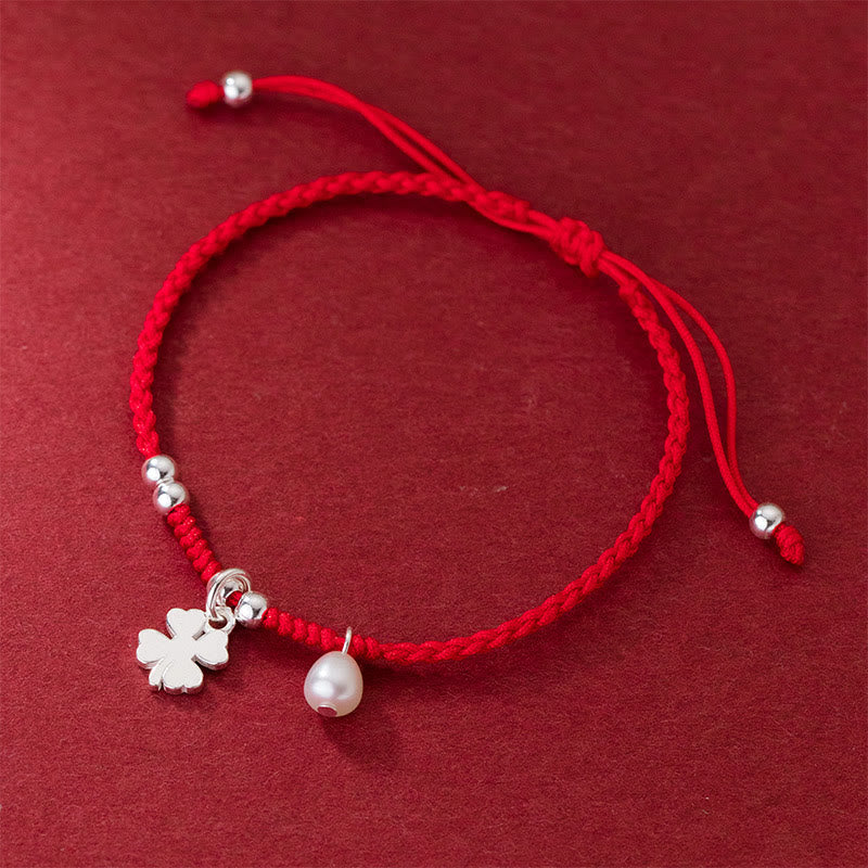 Braccialetto retrò in argento sterling 925 con quadrifoglio e perle portafortuna, cordino rosso Buddha Stones - image 2
