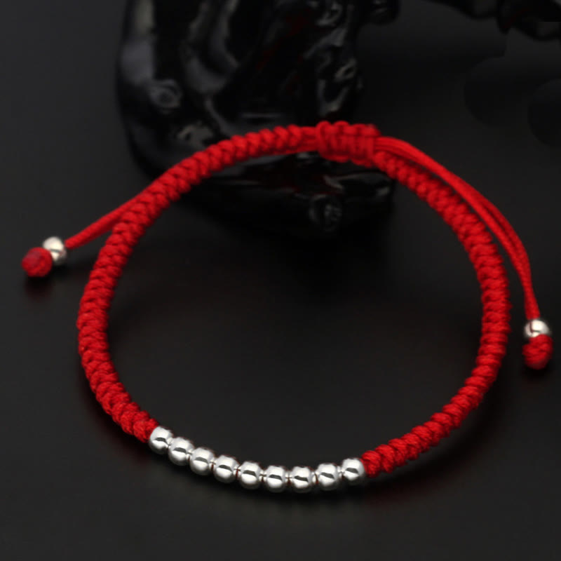 Braccialetto portafortuna con perline semplici e nodo in argento sterling 925, stile retrò , Buddha Stones - Argento Sterling 925 (circonferenza polso: 15-22 cm) - Rosso - image 1