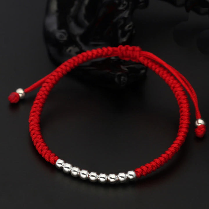 Braccialetto portafortuna con perline semplici e nodo in argento sterling 925, stile retrò , Buddha Stones - Argento Sterling 925 (circonferenza polso: 15-22 cm) - Rosso - image 1