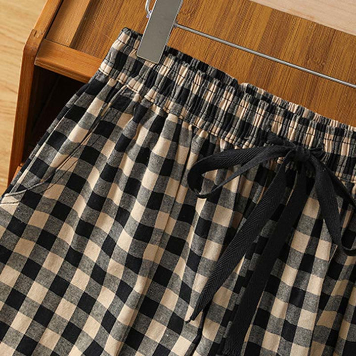 Pantaloni larghi da donna Buddha Stones in cotone casual con cuciture a griglia, lunghezza 7-8, con tasche - image 7