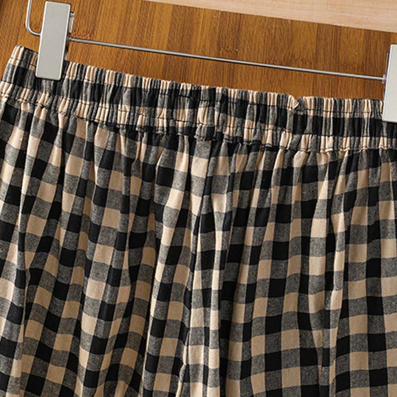 Pantaloni larghi da donna Buddha Stones in cotone casual con cuciture a griglia, lunghezza 7-8, con tasche - image 3