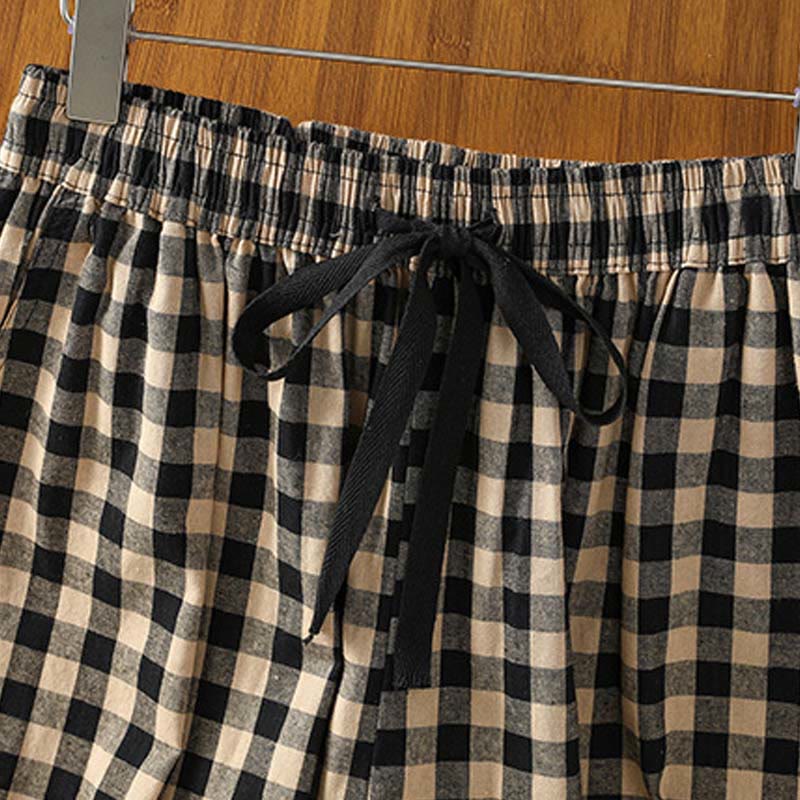 Pantaloni larghi da donna Buddha Stones in cotone casual con cuciture a griglia, lunghezza 7-8, con tasche - image 2