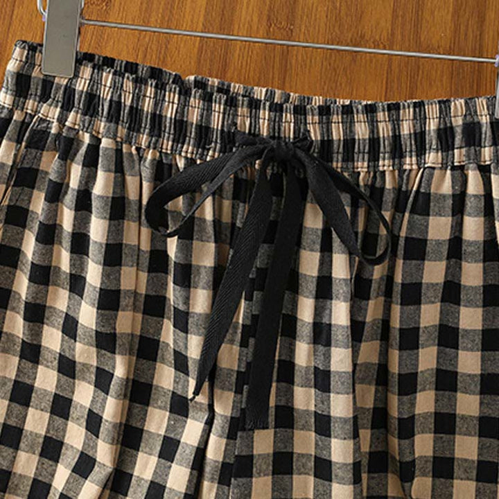 Pantaloni larghi da donna Buddha Stones in cotone casual con cuciture a griglia, lunghezza 7-8, con tasche - image 2