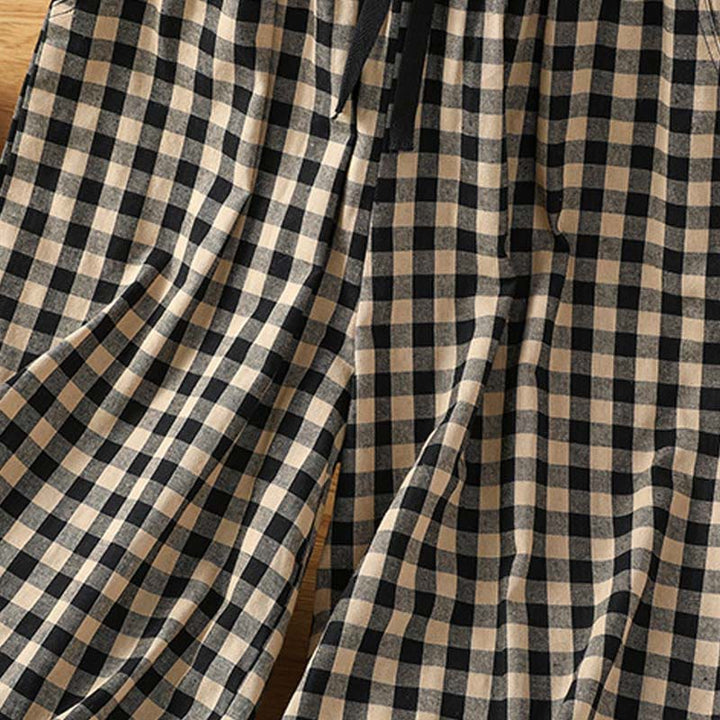 Pantaloni larghi da donna Buddha Stones in cotone casual con cuciture a griglia, lunghezza 7-8, con tasche - image 4