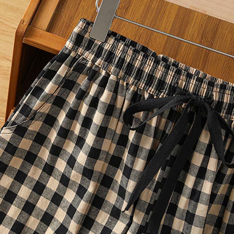 Pantaloni larghi da donna Buddha Stones in cotone casual con cuciture a griglia, lunghezza 7-8, con tasche - image 8