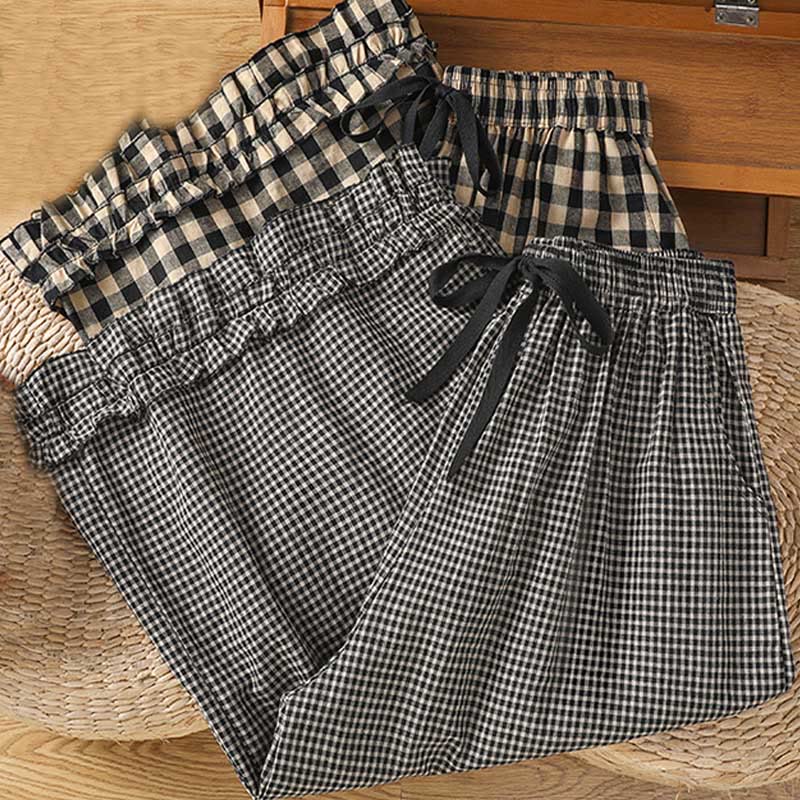 Pantaloni larghi da donna Buddha Stones in cotone casual con cuciture a griglia, lunghezza 7-8, con tasche - image 17