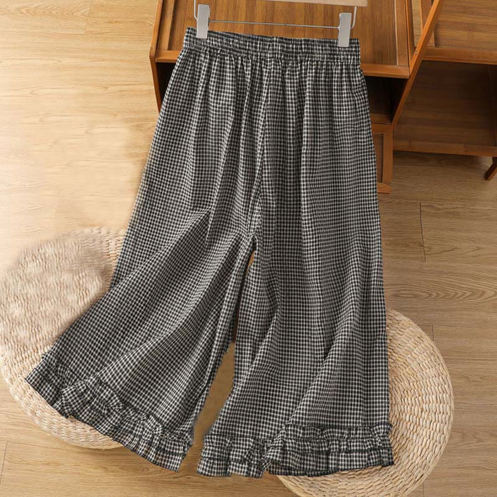 Pantaloni larghi da donna Buddha Stones in cotone casual con cuciture a griglia, lunghezza 7-8, con tasche - image 10