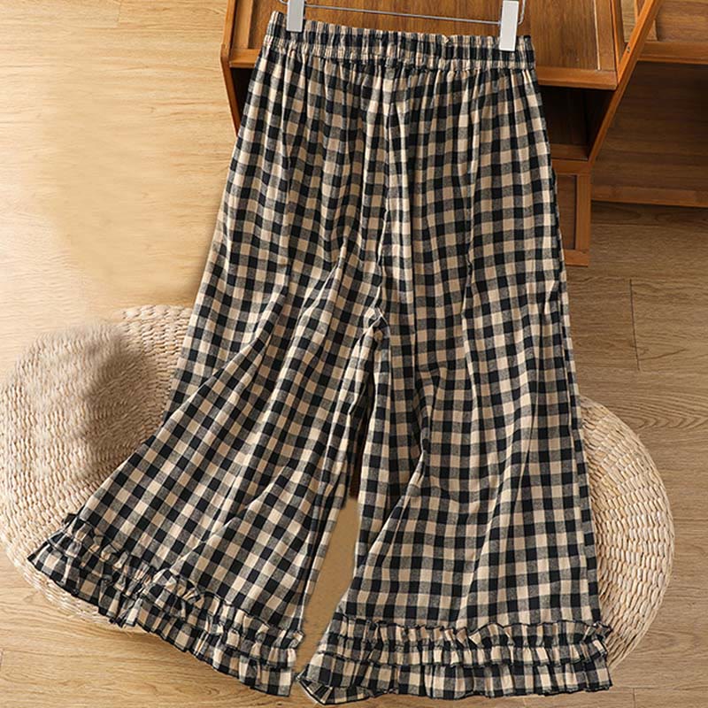 Pantaloni larghi da donna Buddha Stones in cotone casual con cuciture a griglia, lunghezza 7-8, con tasche - Nero - US6, UK/AU10, EU38 (XL) - image 1