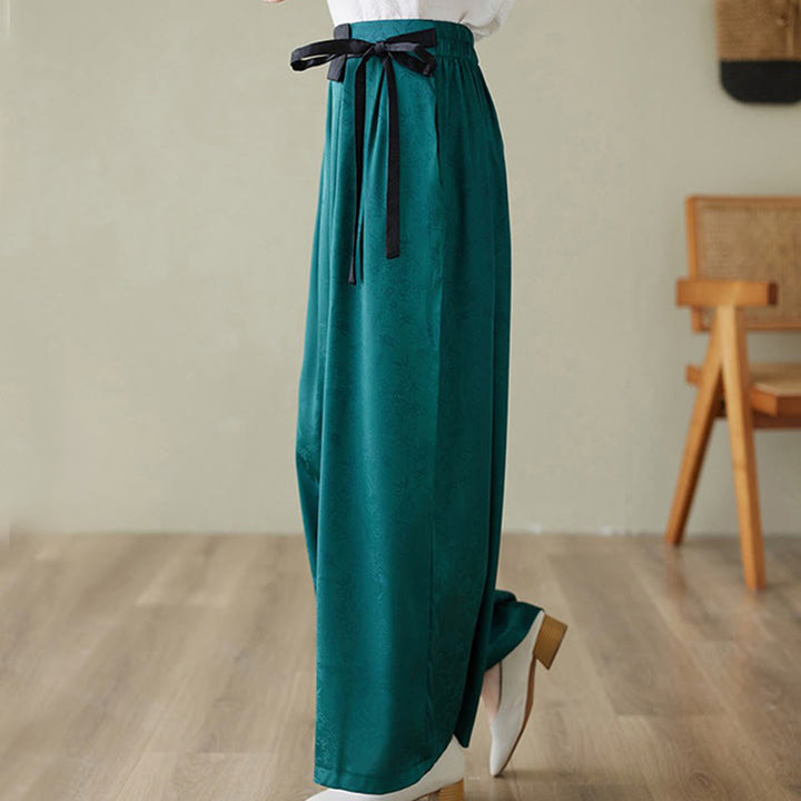 Pantaloni larghi da donna in cotone jacquard casual con lacci e tasche Buddha Stones - image 3