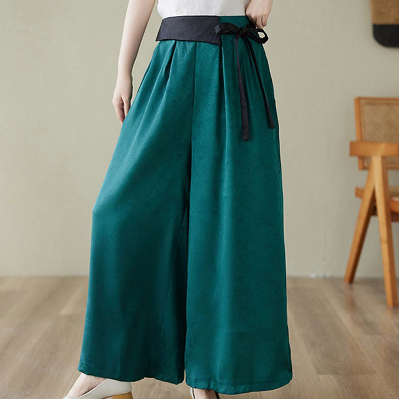 Pantaloni larghi da donna in cotone jacquard casual con lacci e tasche Buddha Stones - Ciano scuro - US8-10, UK/AU12-14, EU40-42 (2XL) - image 1