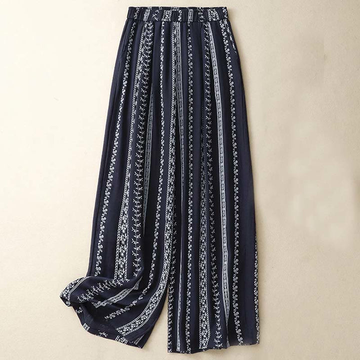 Pantaloni larghi da donna in cotone e lino con stampa verticale Buddha Stones e tasche - Blu notte - US8-10, UK/AU12-14, EU40-42 (2XL) - image 1