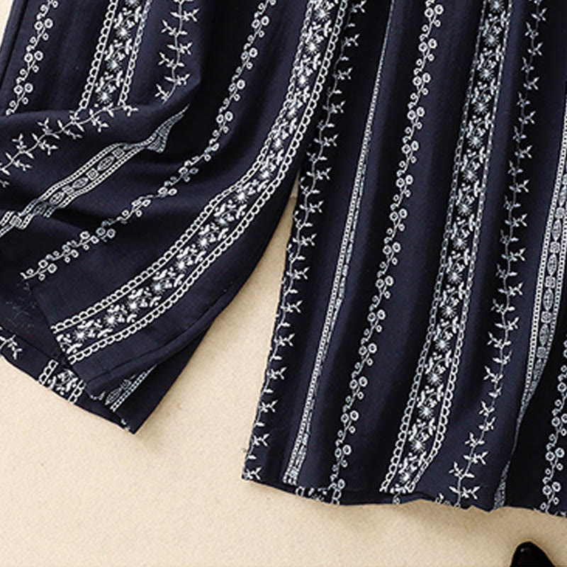 Pantaloni larghi da donna in cotone e lino con stampa verticale Buddha Stones e tasche - image 2