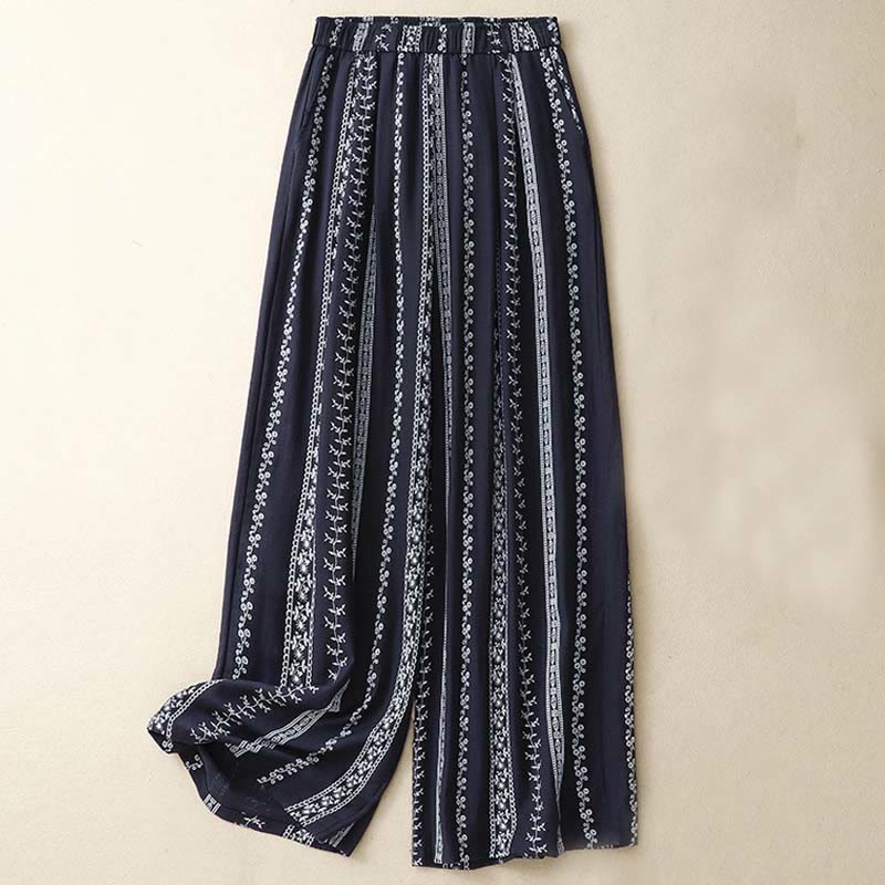 Pantaloni larghi da donna in cotone e lino con stampa verticale Buddha Stones e tasche - Blu notte - US8-10, UK/AU12-14, EU40-42 (2XL) - image 0