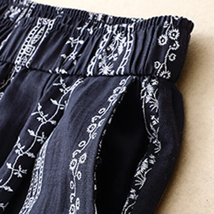 Pantaloni larghi da donna in cotone e lino con stampa verticale Buddha Stones e tasche - image 1