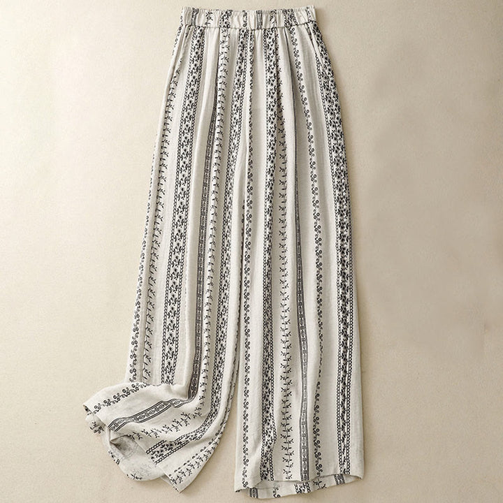 Pantaloni larghi da donna in cotone e lino con stampa verticale Buddha Stones e tasche - Beige - US8-10, UK/AU12-14, EU40-42 (2XL) - image 5