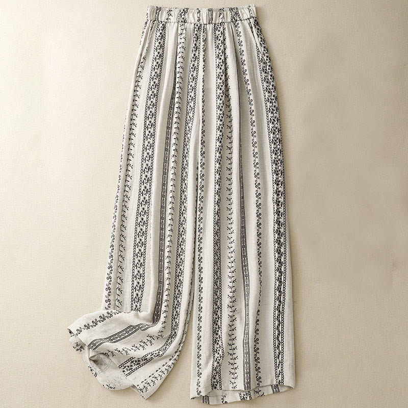 Pantaloni larghi da donna in cotone e lino con stampa verticale Buddha Stones e tasche - Beige - US8-10, UK/AU12-14, EU40-42 (2XL) - image 5