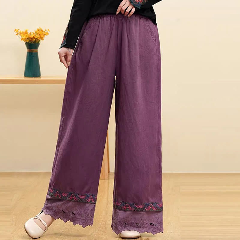 Pantaloni larghi da donna in cotone e lino con pizzo ricamato Buddha Stones Casual con tasche - Viola - US14, UK/AU18, EU46 (4XL) - image 1