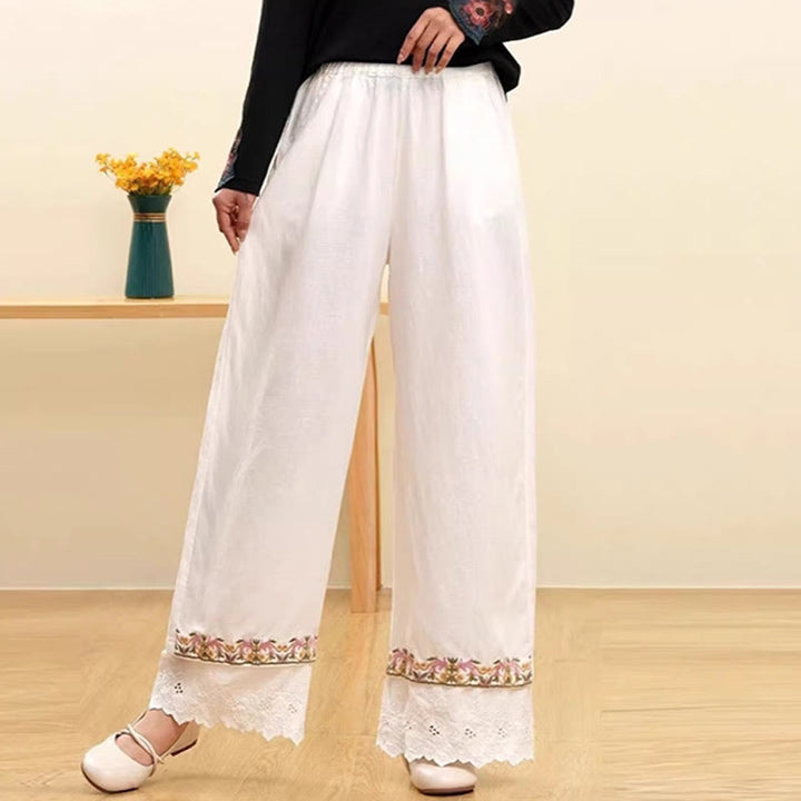 Pantaloni larghi da donna in cotone e lino con pizzo ricamato Buddha Stones Casual con tasche - Bianco - US14, UK/AU18, EU46 (4XL) - image 3
