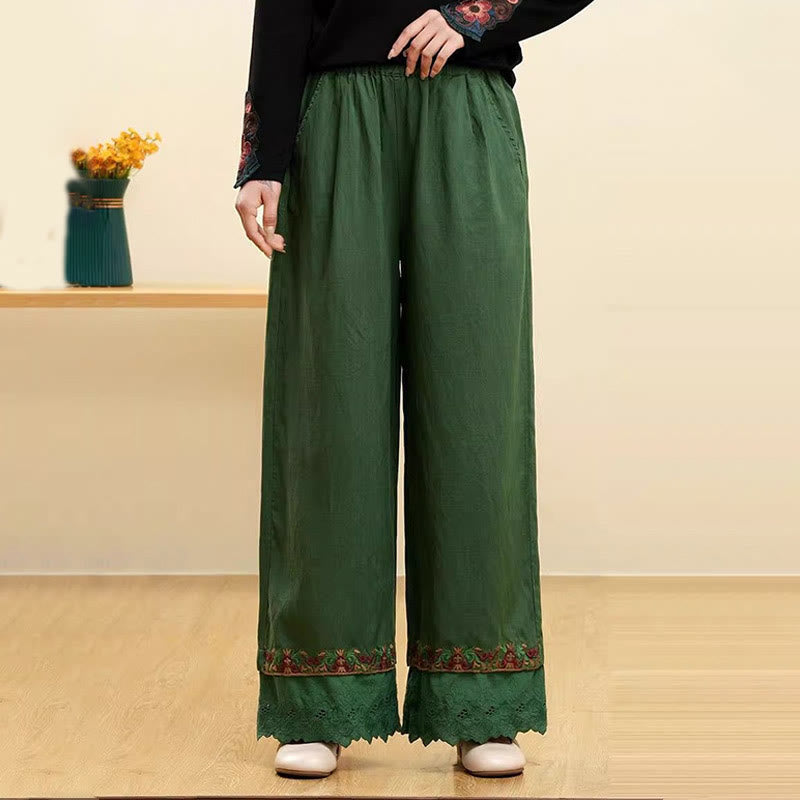 Pantaloni larghi da donna in cotone e lino con pizzo ricamato Buddha Stones Casual con tasche - Verde - US14, UK/AU18, EU46 (4XL) - image 4