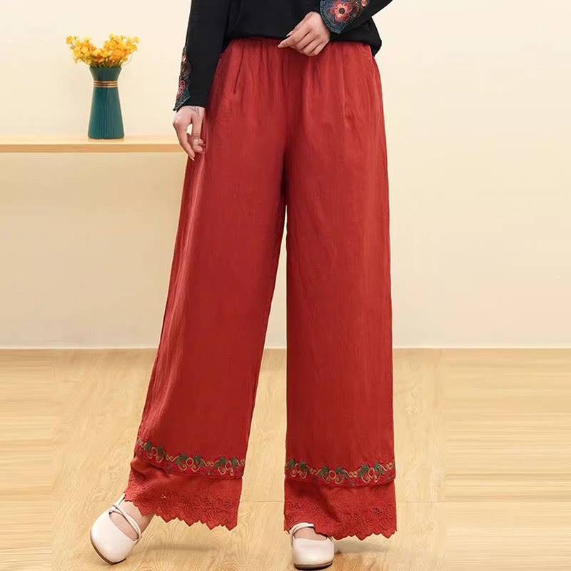 Pantaloni larghi da donna in cotone e lino con pizzo ricamato Buddha Stones Casual con tasche - Mattoni refrattari - US14, UK/AU18, EU46 (4XL) - image 2