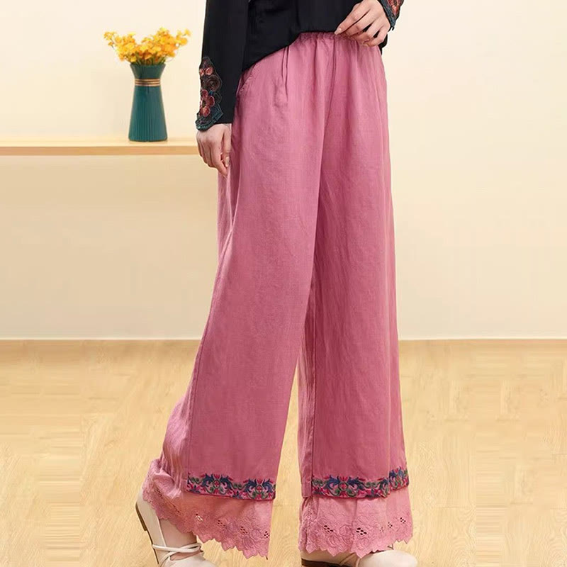 Pantaloni larghi da donna in cotone e lino con pizzo ricamato Buddha Stones Casual con tasche - RossoViolaPale - US14, UK/AU18, EU46 (4XL) - image 6