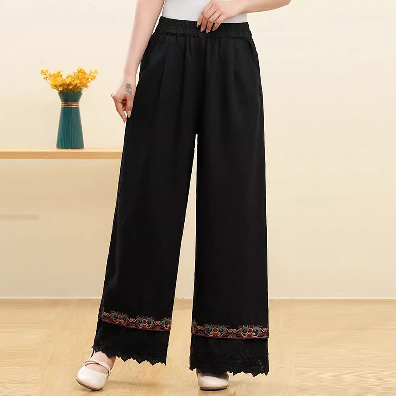 Pantaloni larghi da donna in cotone e lino con pizzo ricamato Buddha Stones Casual con tasche - Nero - US14, UK/AU18, EU46 (4XL) - image 5