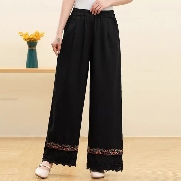 Pantaloni larghi da donna in cotone e lino con pizzo ricamato Buddha Stones Casual con tasche - Nero - US14, UK/AU18, EU46 (4XL) - image 5