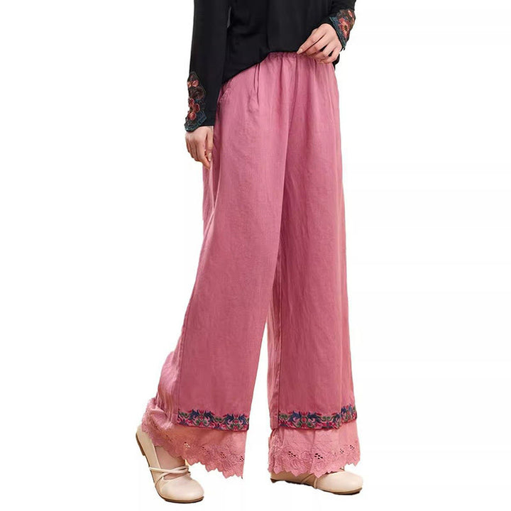 Pantaloni larghi da donna in cotone e lino con pizzo ricamato Buddha Stones Casual con tasche - image 7