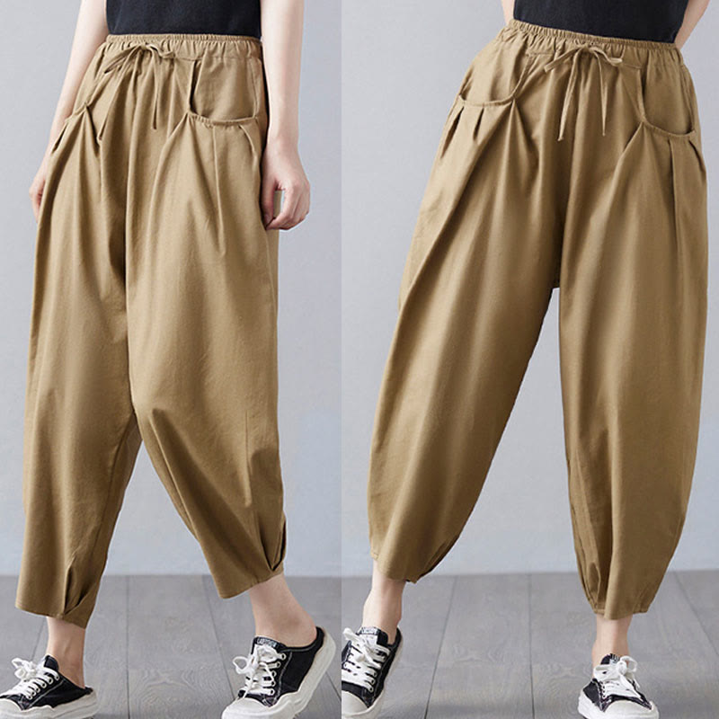 Pantaloni harem da donna in cotone e lino con tasche, Buddha Stones, modello estivo semplice e cropped - image 6