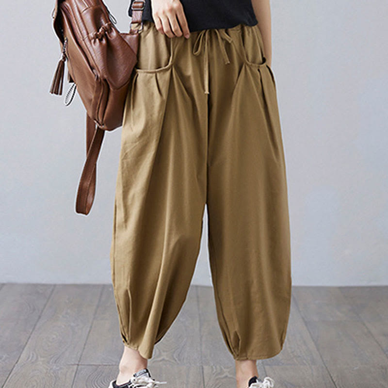Pantaloni harem da donna in cotone e lino con tasche, Buddha Stones, modello estivo semplice e cropped - image 1