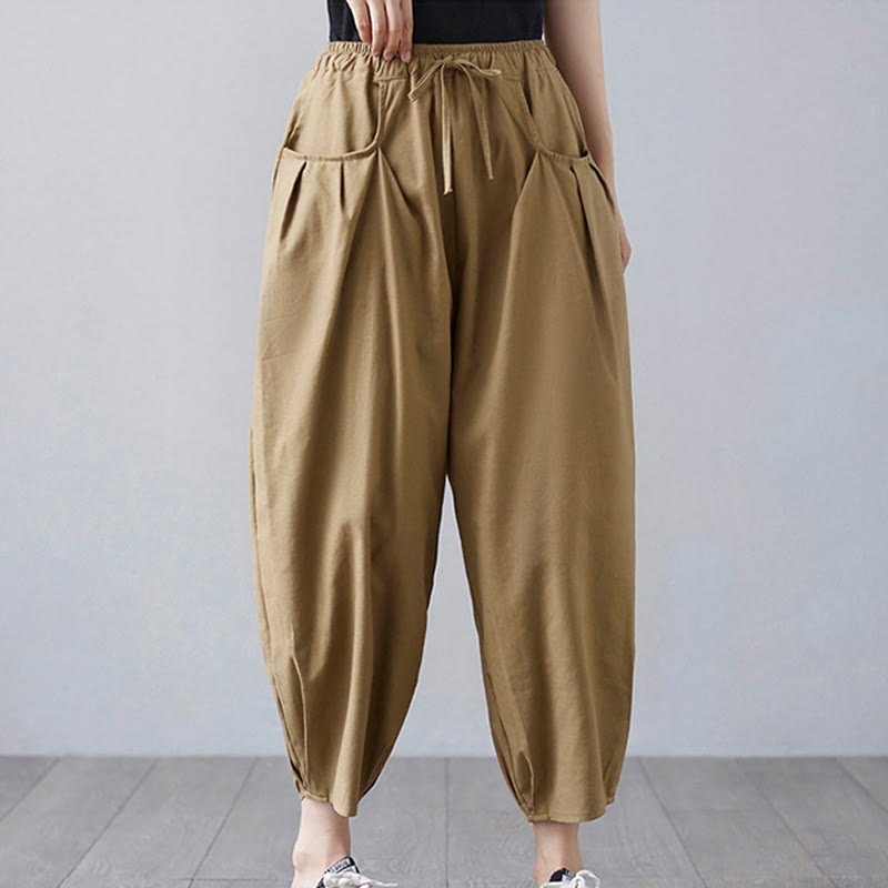 Pantaloni harem da donna in cotone e lino con tasche, Buddha Stones, modello estivo semplice e cropped - image 3