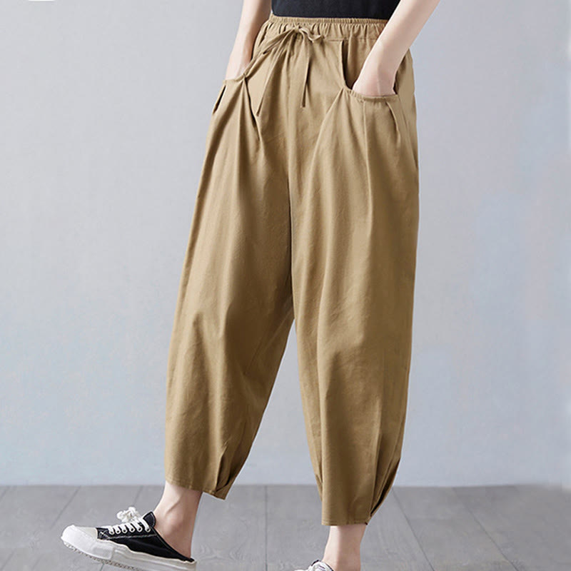 Pantaloni harem da donna in cotone e lino con tasche, Buddha Stones, modello estivo semplice e cropped - image 4