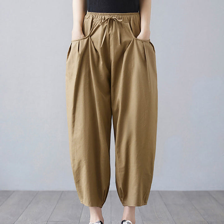 Pantaloni harem da donna in cotone e lino con tasche, Buddha Stones, modello estivo semplice e cropped - DarkKhaki - US12, UK/AU16, EU44 (3XL) - image 1
