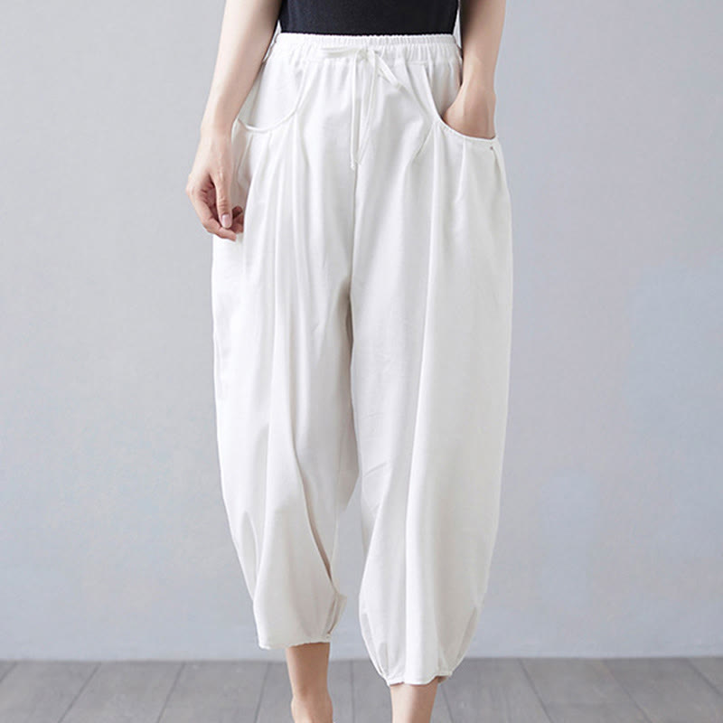 Pantaloni harem da donna in cotone e lino con tasche, Buddha Stones, modello estivo semplice e cropped - image 9