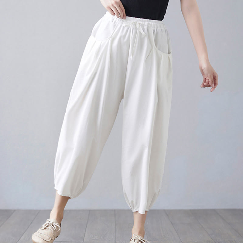 Pantaloni harem da donna in cotone e lino con tasche, Buddha Stones, modello estivo semplice e cropped - image 8