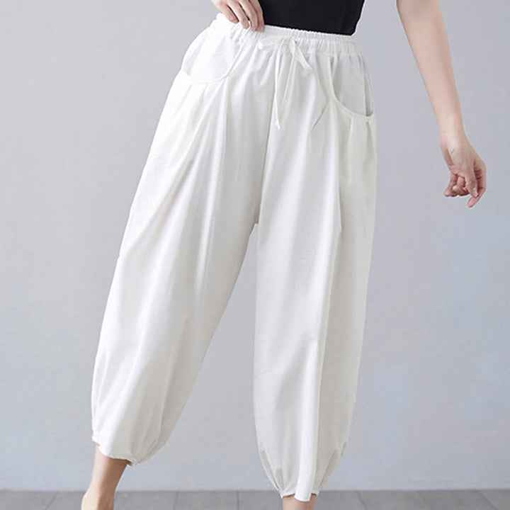 Pantaloni harem da donna in cotone e lino con tasche, Buddha Stones, modello estivo semplice e cropped - image 9