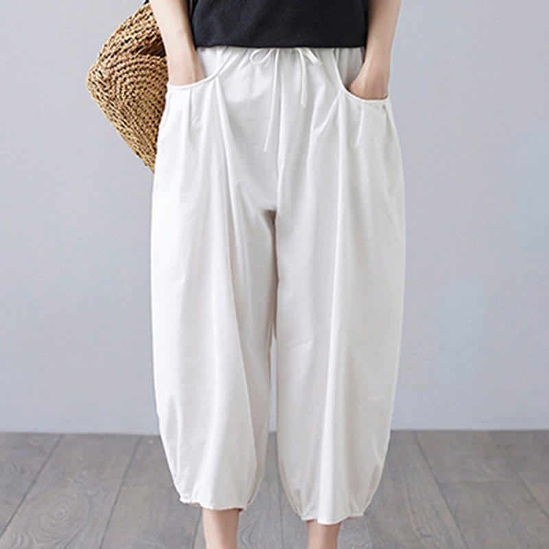 Pantaloni harem da donna in cotone e lino con tasche, Buddha Stones, modello estivo semplice e cropped - Bianco - US12, UK/AU16, EU44 (3XL) - image 7