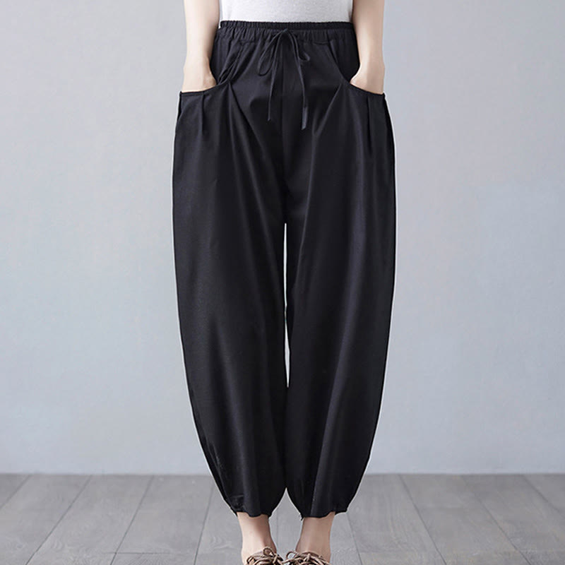 Pantaloni harem da donna in cotone e lino con tasche, Buddha Stones, modello estivo semplice e cropped - Nero - US12, UK/AU16, EU44 (3XL) - image 14